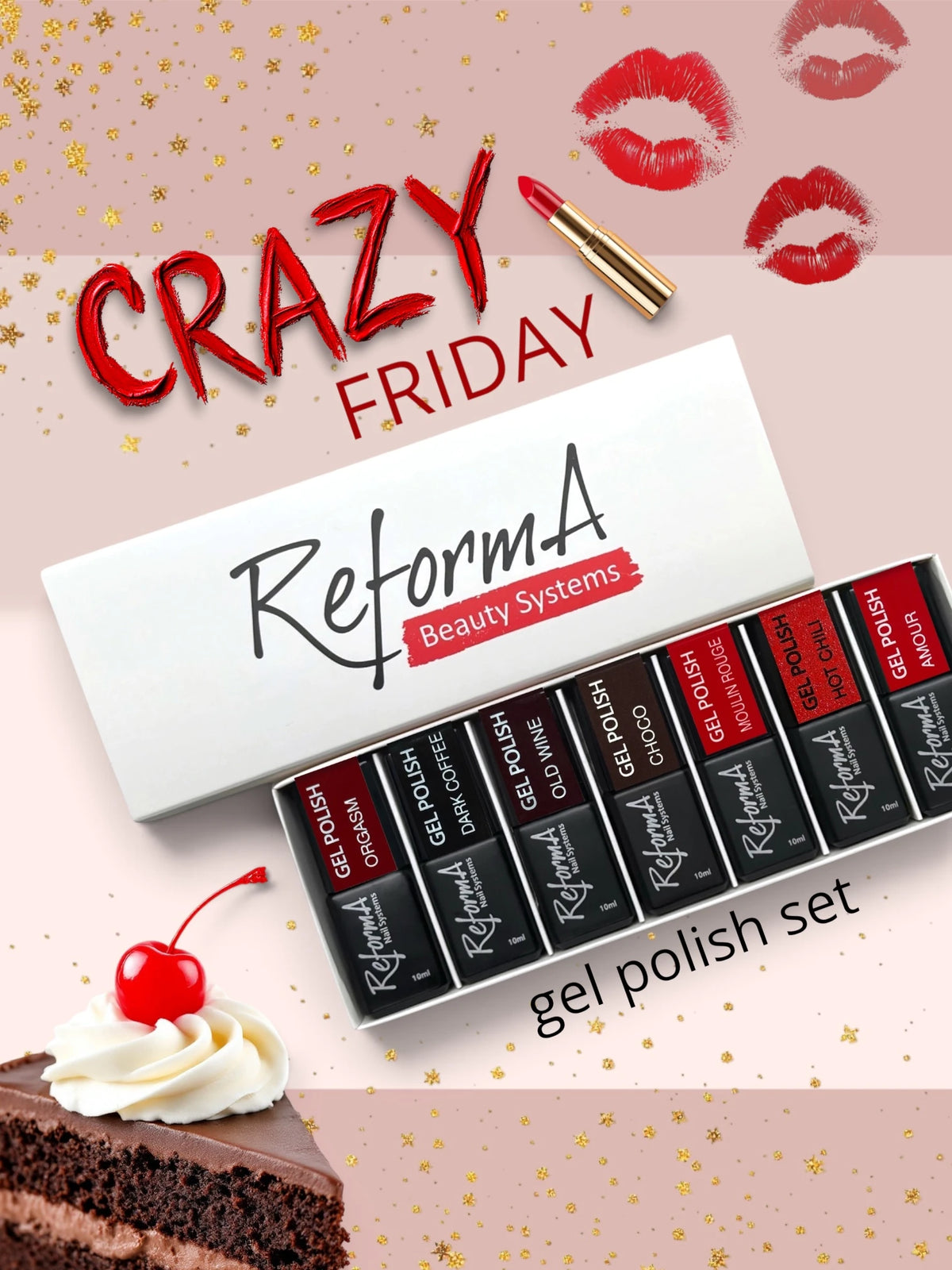 Gel Polish Set Crazy Friday by ReformA, 7 x 10 ml - red and brown shades